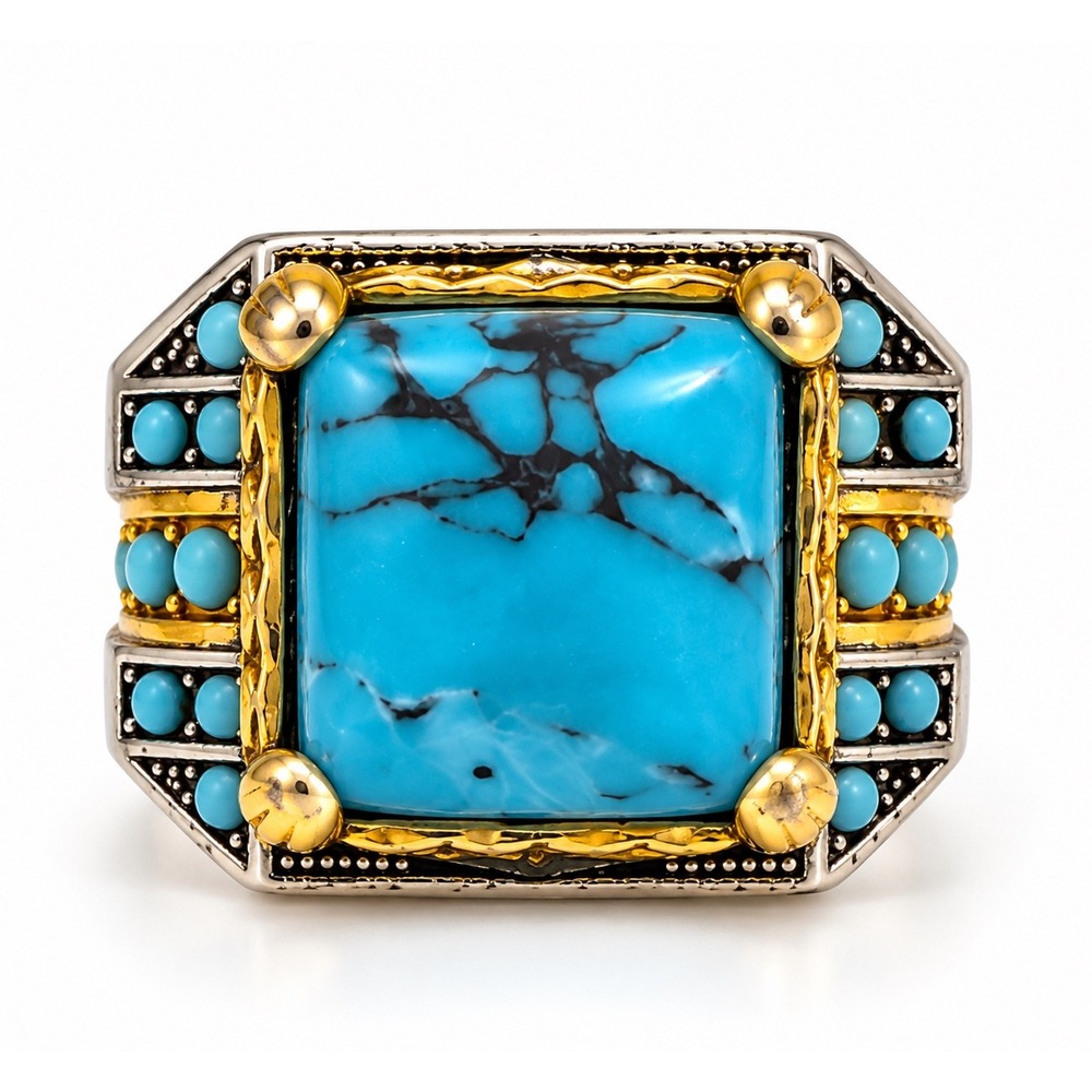 NWT Unique Sterling Silver Ring with Turquoise and Gold Detailing / Size 6